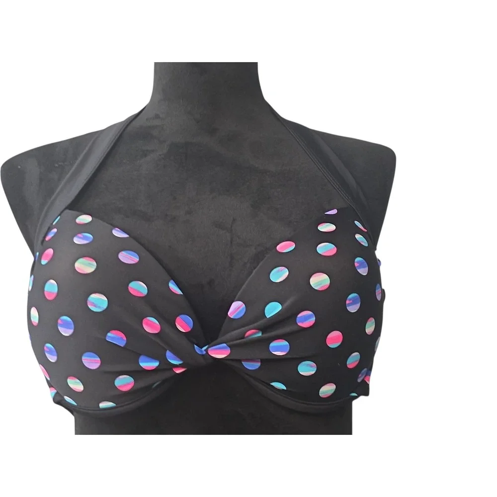 Tahiti Womens Large Black Holographic Polka Dot‎ Halter Underwire Bikini Top L